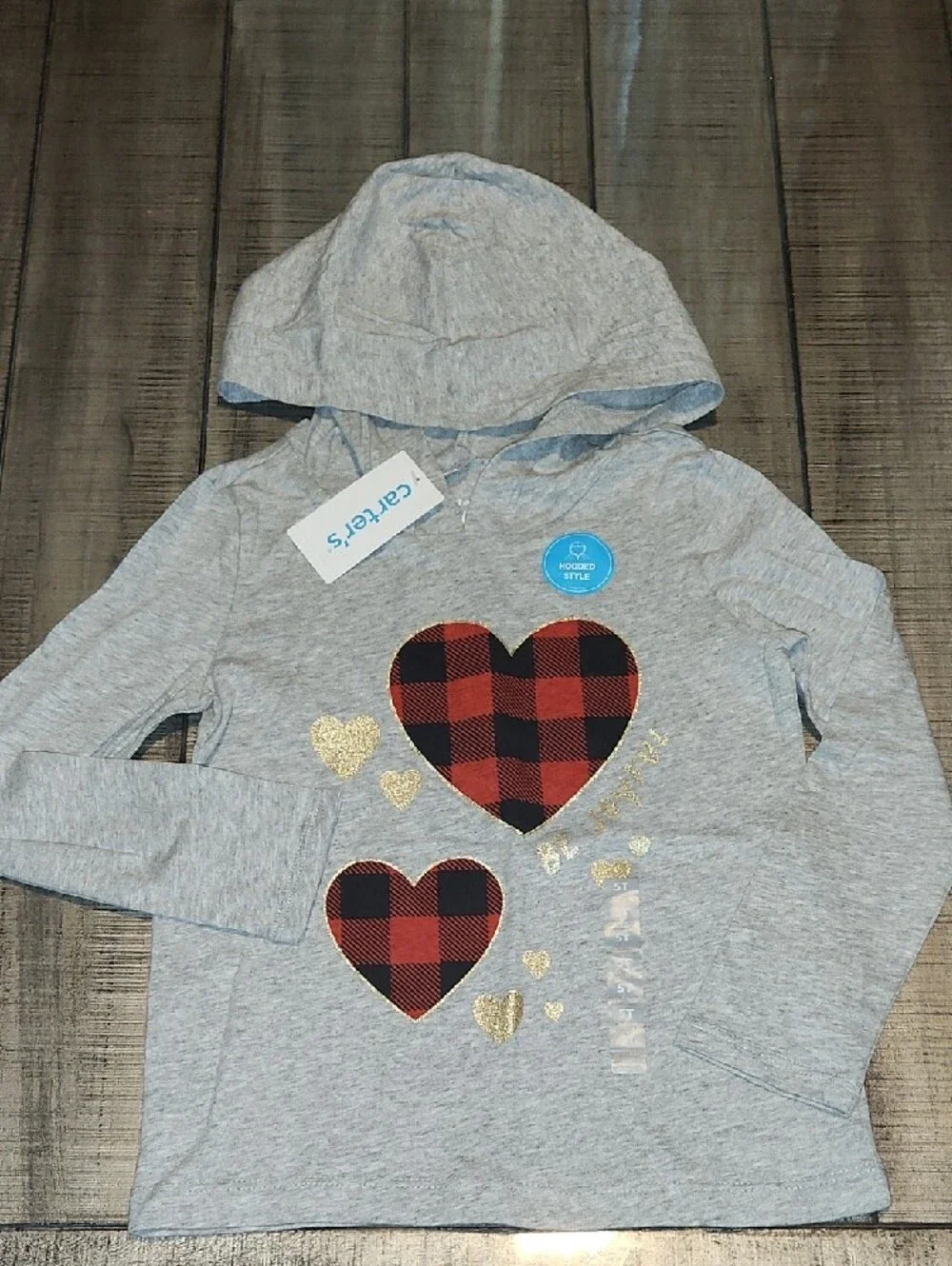 NWT Carter's Hooded Tee with Plaid Hearts - Gray